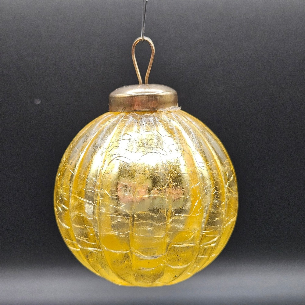 Vintage Yellow Gold Kugel Style Crackle Glass Ball Christmas Ornament 2.5" Heavy